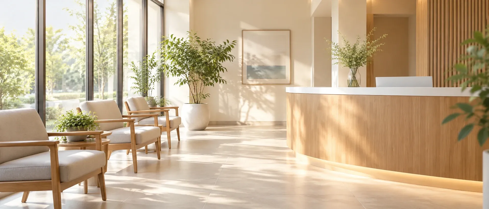 A calm reception area with warm daylight