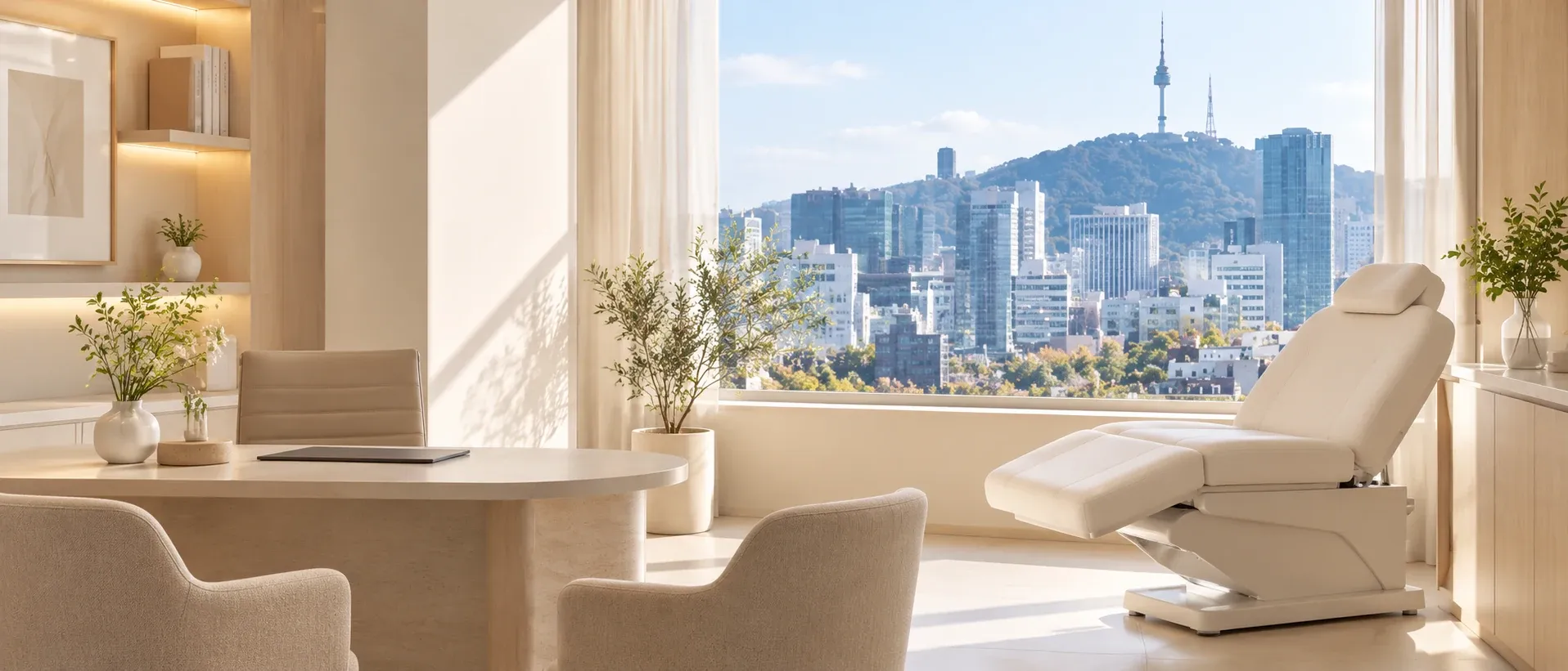 A quiet consultation room with a treatment chair by a window in Myeongdong, Seoul