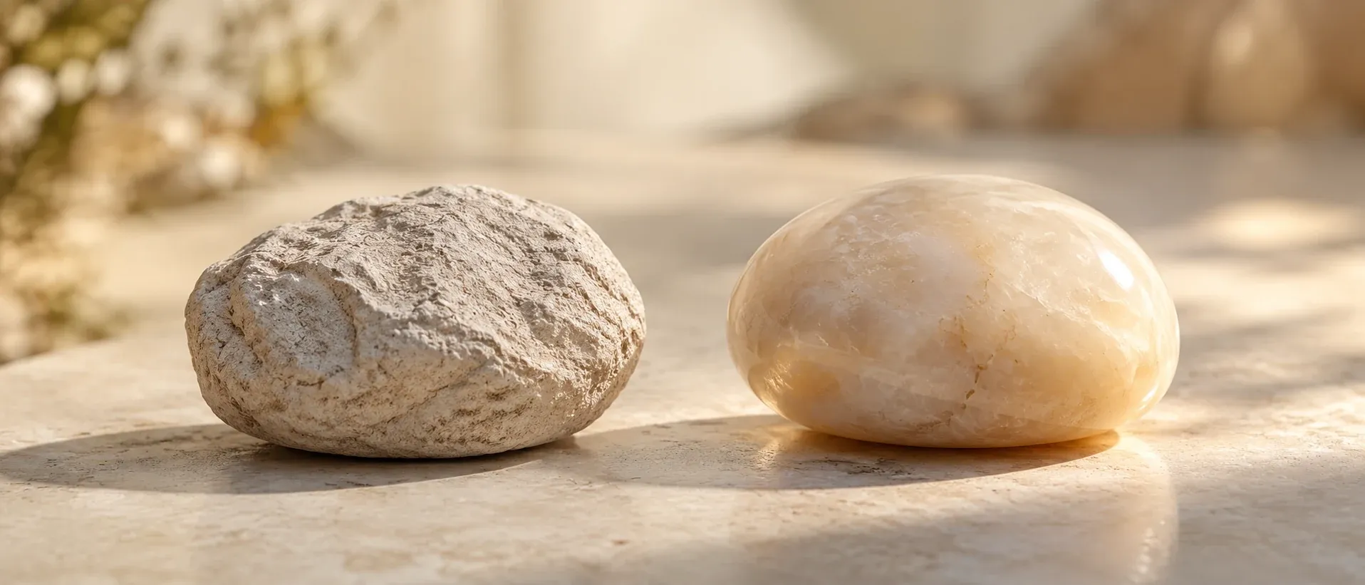 Matte unpolished stone beside a faintly luminous one