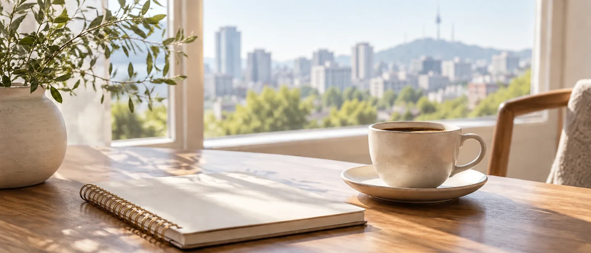 A notebook and a cup of coffee on a table by a window