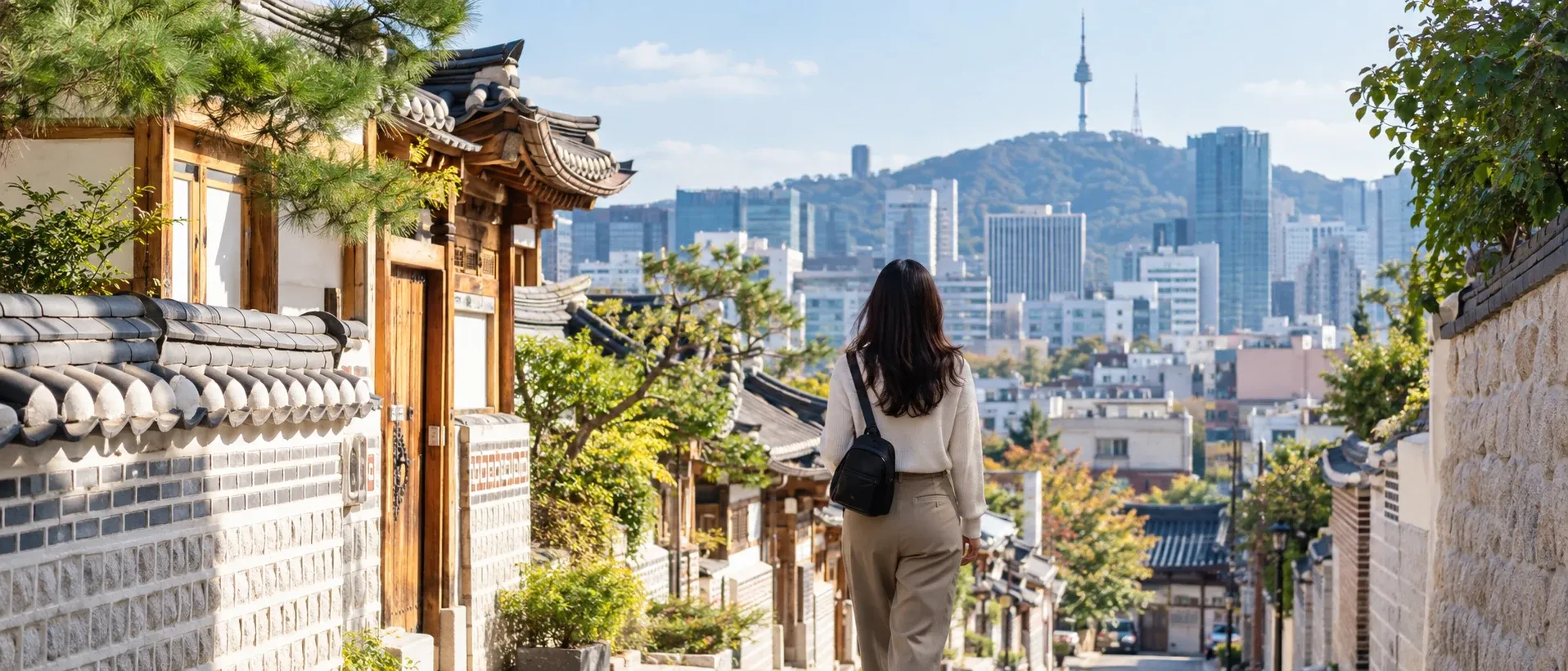 A traveller walking through central Seoul with a small bag