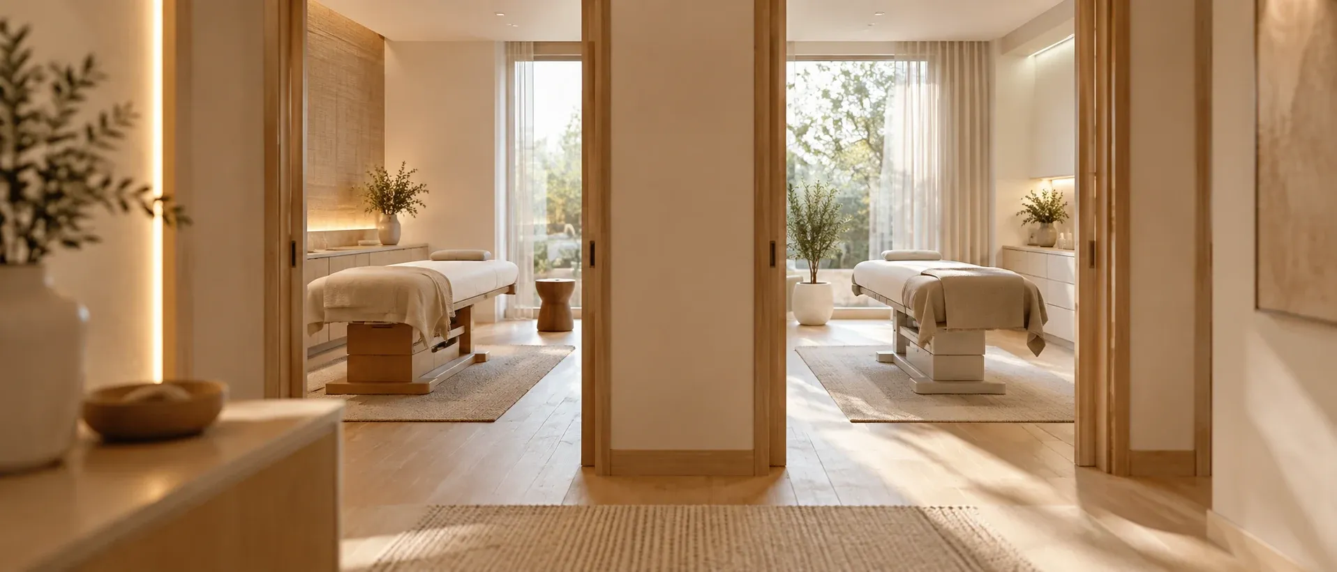 Two treatment room doorways side by side in soft daylight