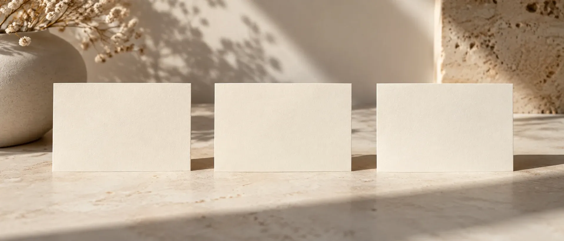 Three identical paper cards arranged in a row