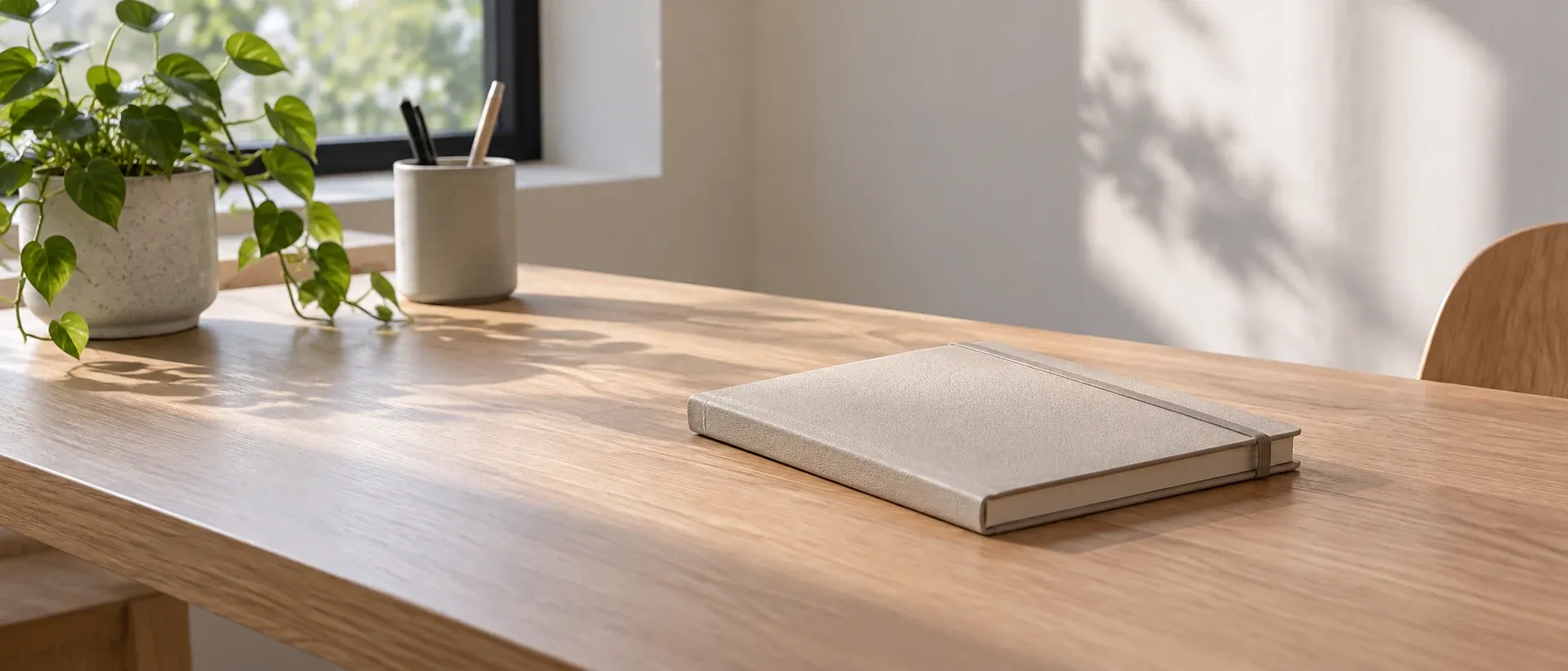 A plain desk with a closed notebook