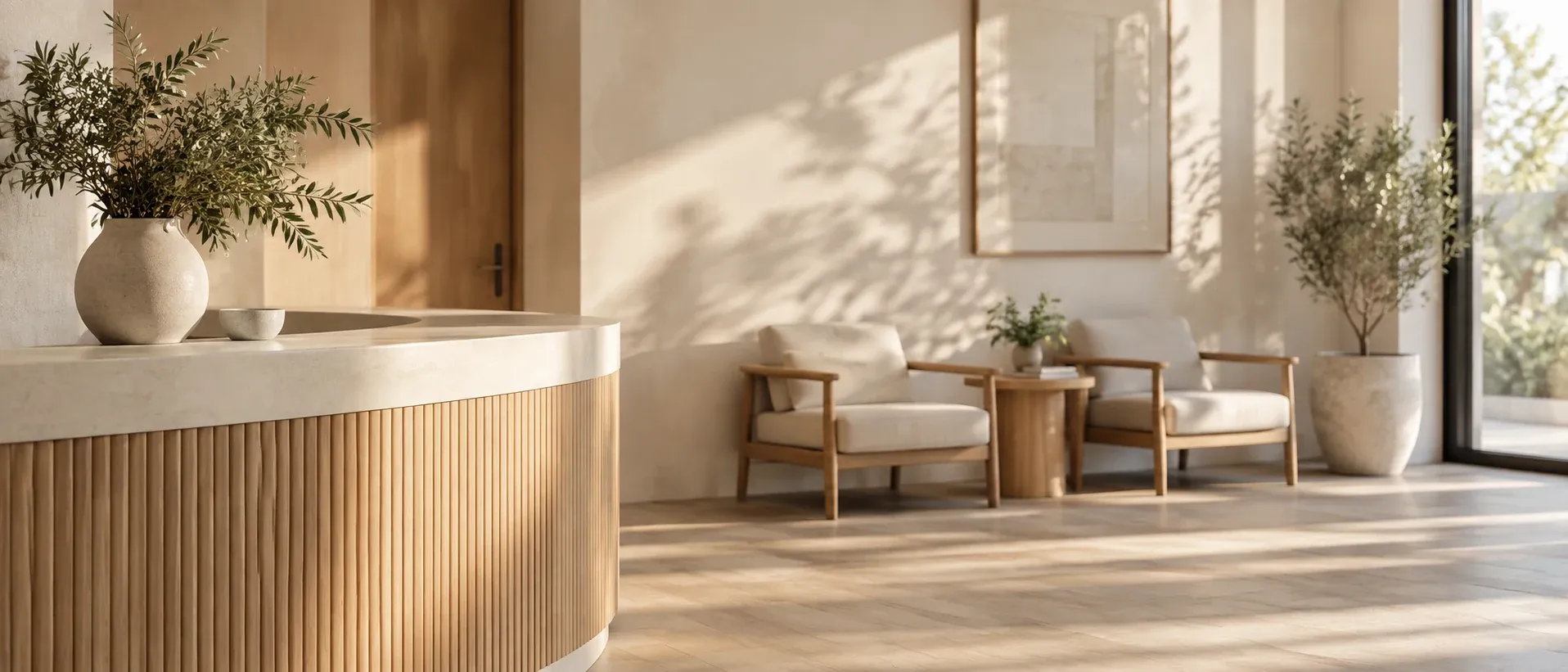 Neutral clinic interior with a pale wall and soft shadow