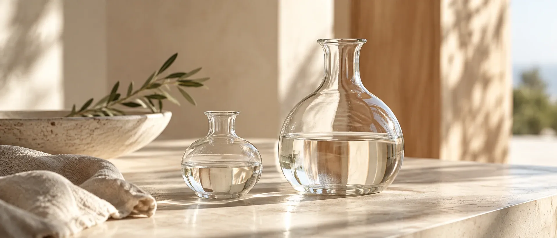 Two glass vessels of different sizes on a pale surface
