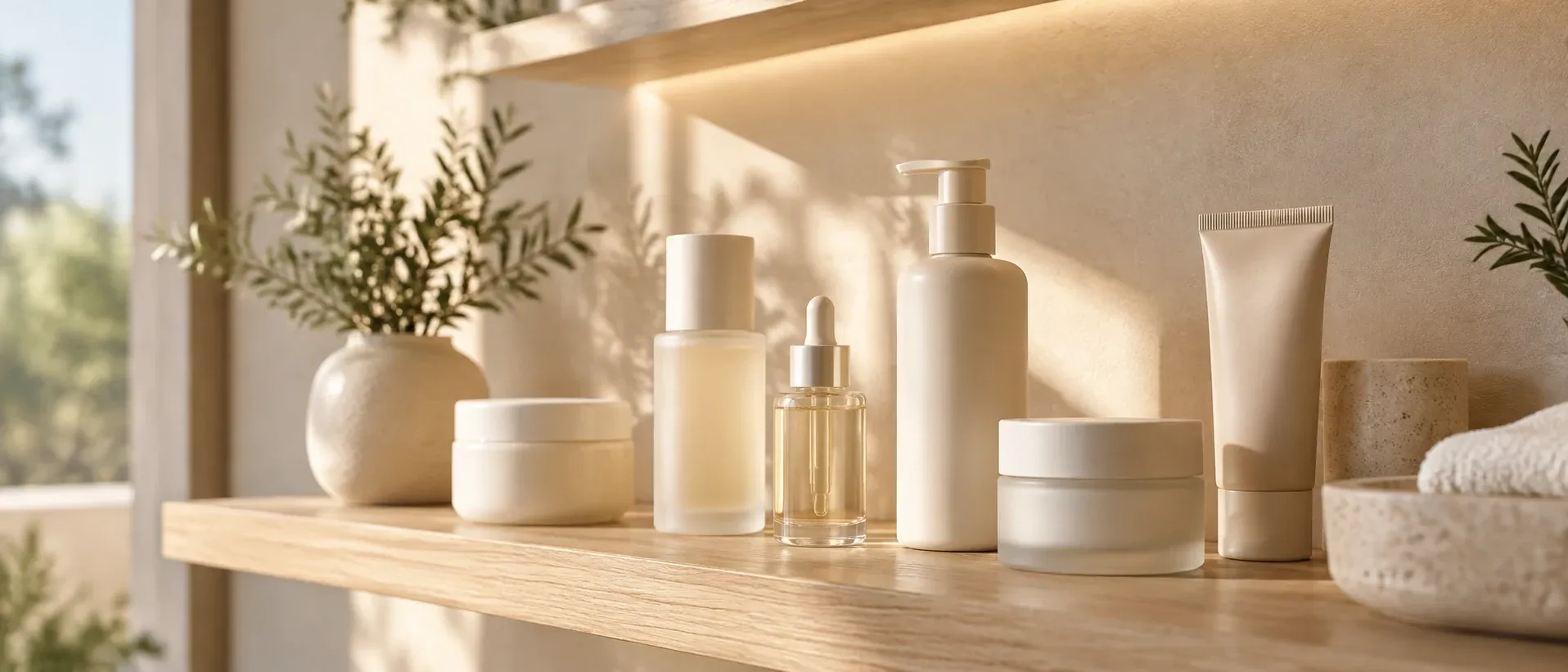 A simple shelf with unlabelled skincare bottles