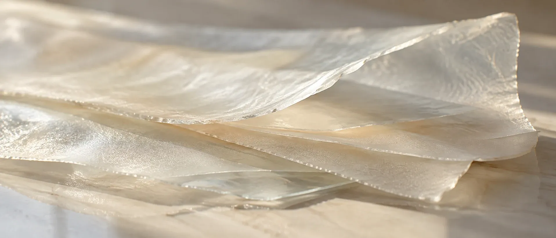 Pale translucent layers separating on a smooth surface