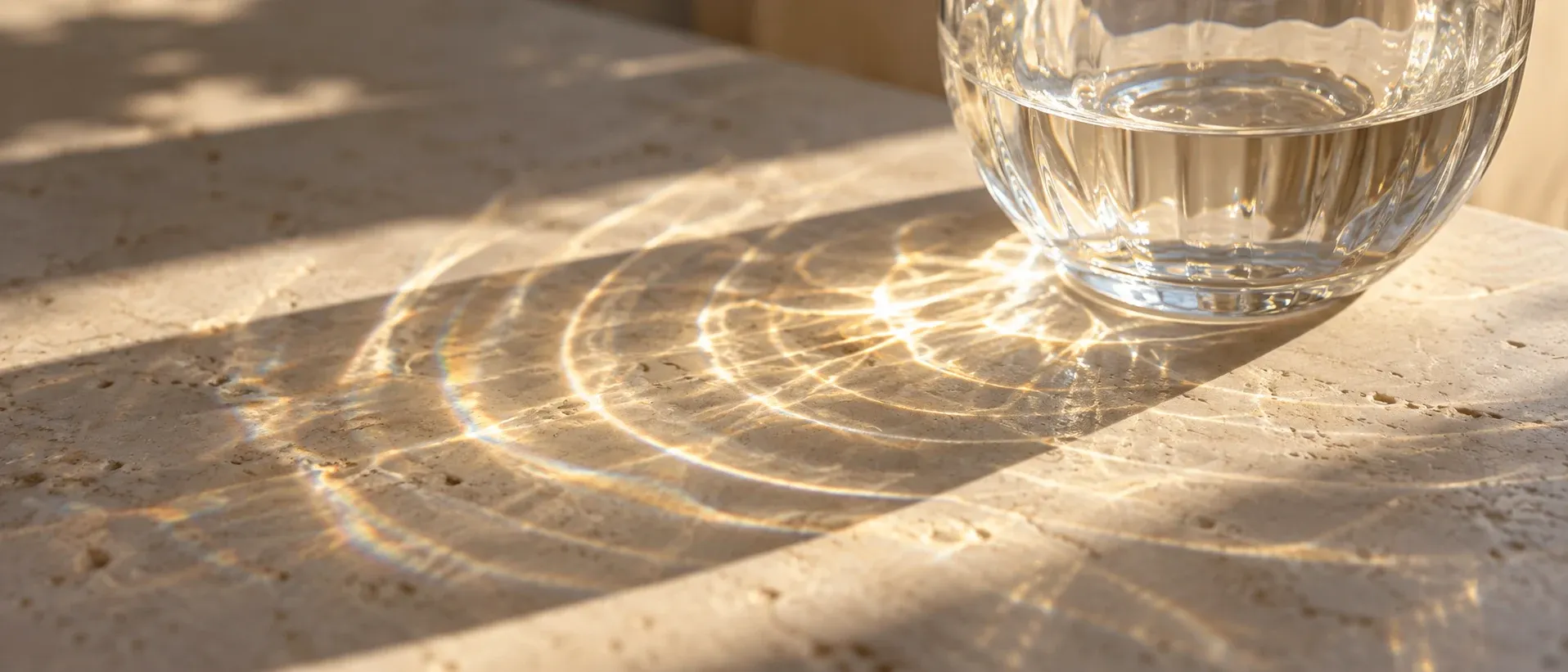 Sunlight through a glass bowl casting bright rings on pale stone