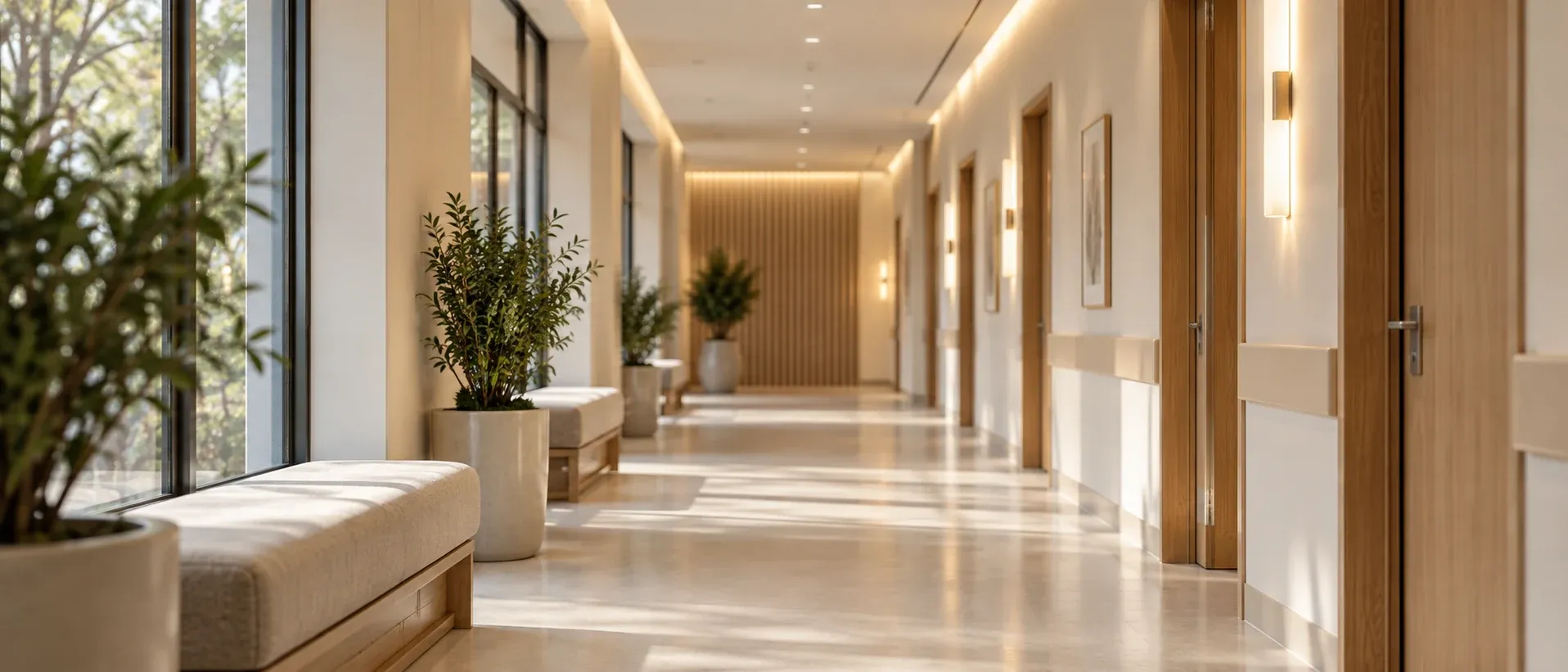 A softly lit corridor inside a clinic