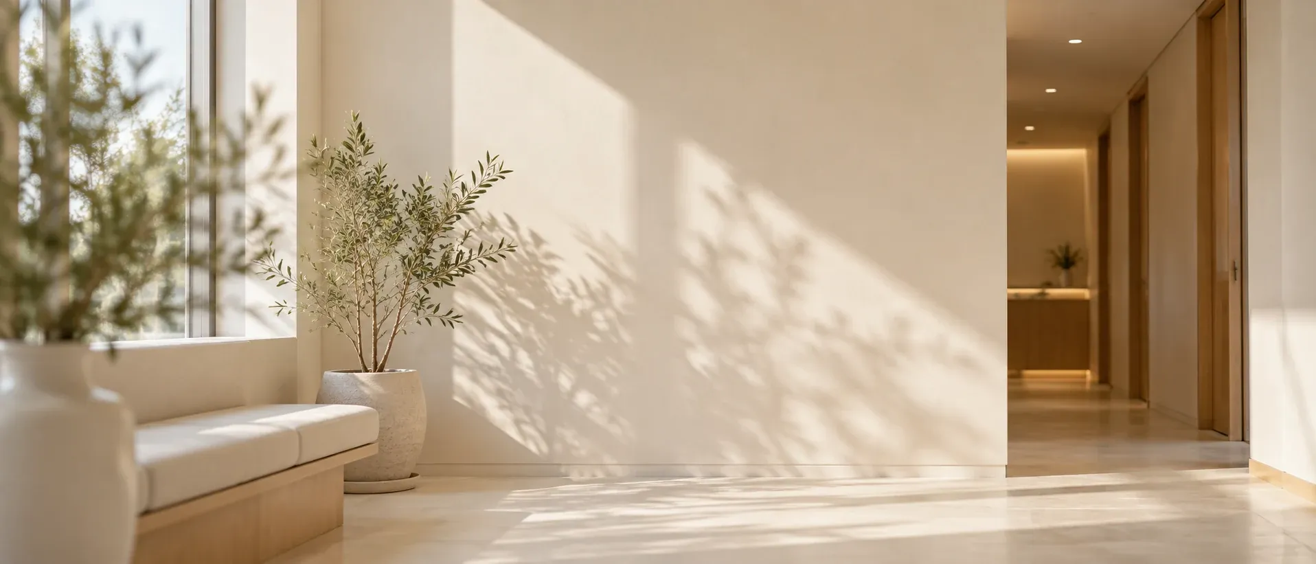Daylight and leaf shadows on a pale wall beside a quiet corridor